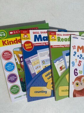 Lot of 4: Kindergarten Preschool Homeschool kids workbooks Reading Math & more